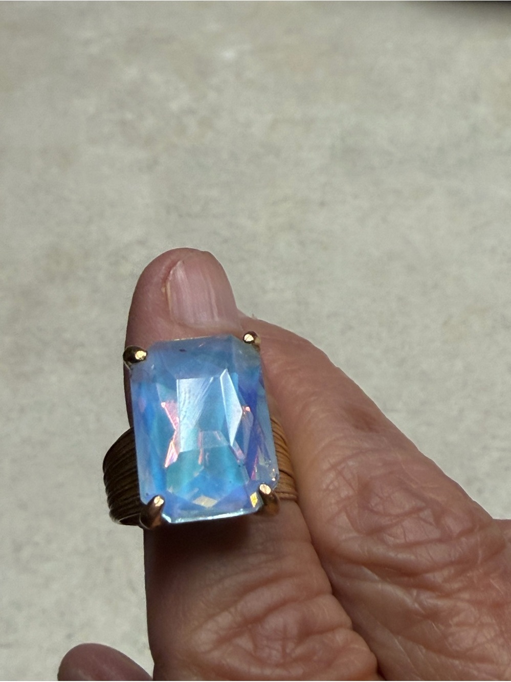 Gold-Tone Ring with Rectangular Blue Opal Glass Stone